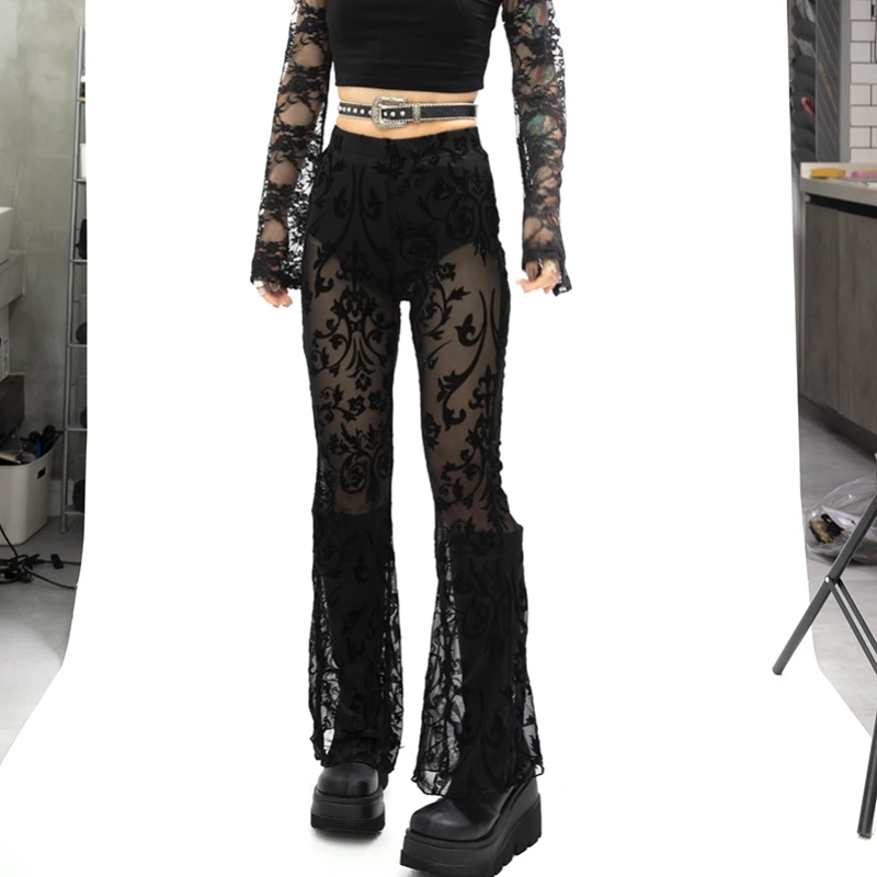 Vintage Flower Embroidery Black Casual Lace Pants Women 2024 Spring New High Waist Hollow See-through Sexy Slim Wide Leg Pants