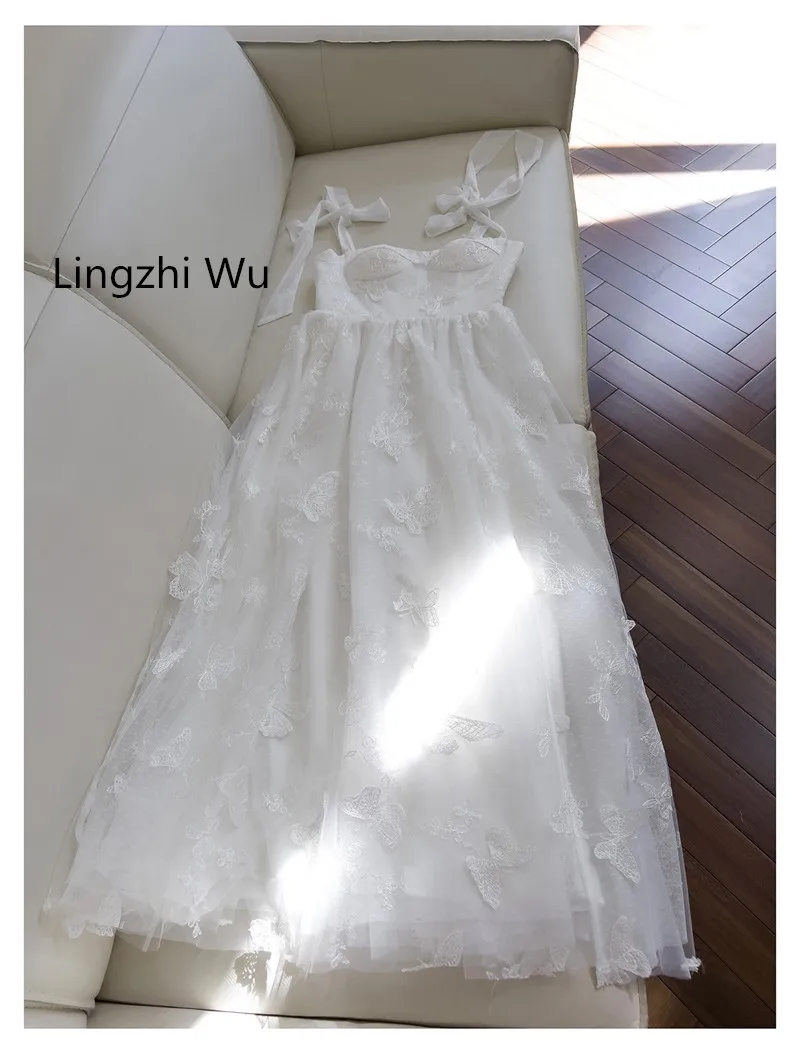 Lingzhi Wu-White Long Dress for Ladies, Elegant Formal Dresses, Spaghetti Strap, Mesh, Luxury, Elegant, White