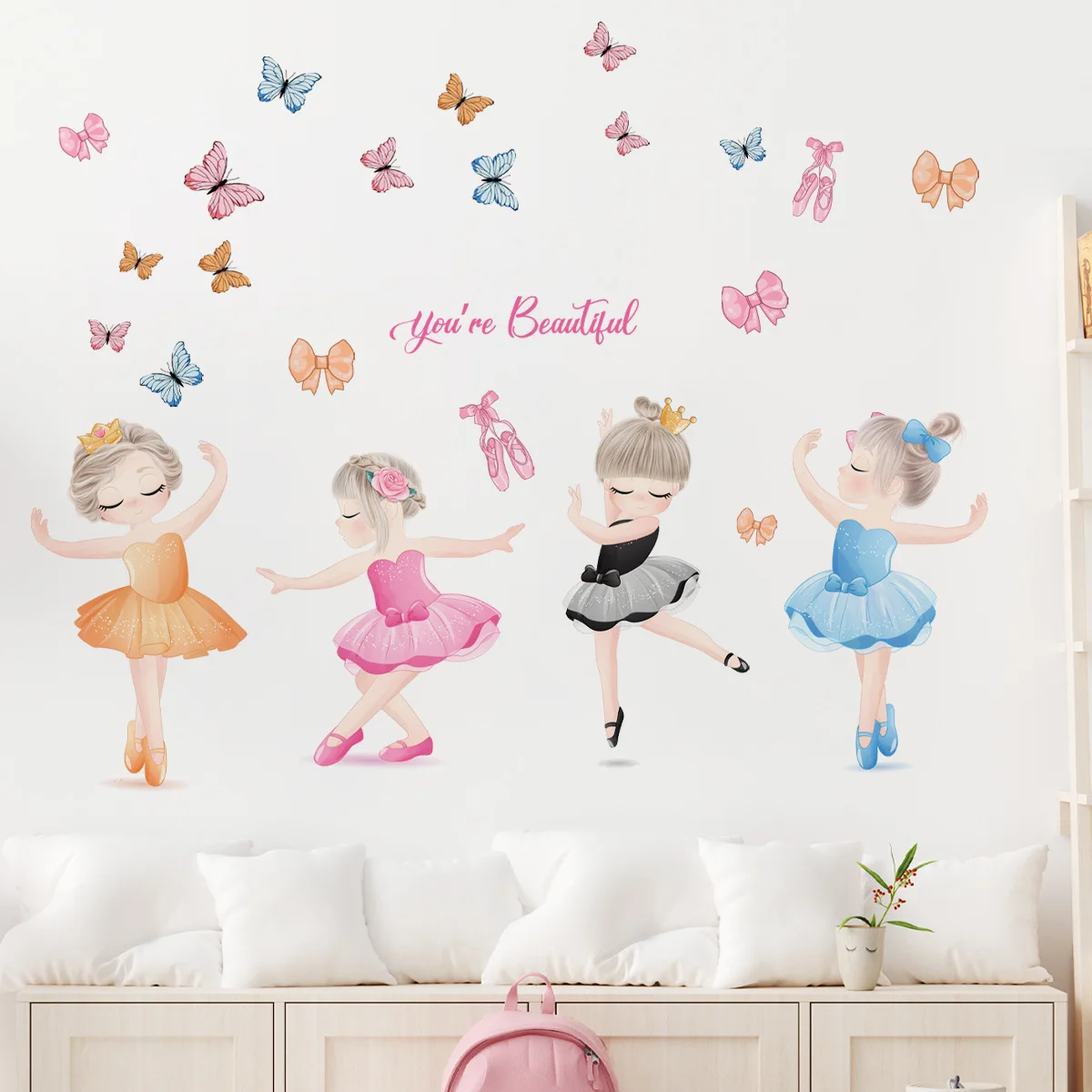 2pcs Dancing Little Girl Butterfly Cartoon Wall Sticker Cute Background Wall Living Room Bedroom  Decoration Mural Wall Sticker