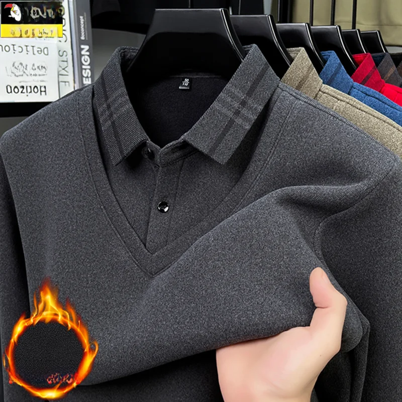 

Thiened Fce Men's Knitted Sweater with irt Collar Fake Two-Piece Winter Busin Casual Warm Clothing for Dad