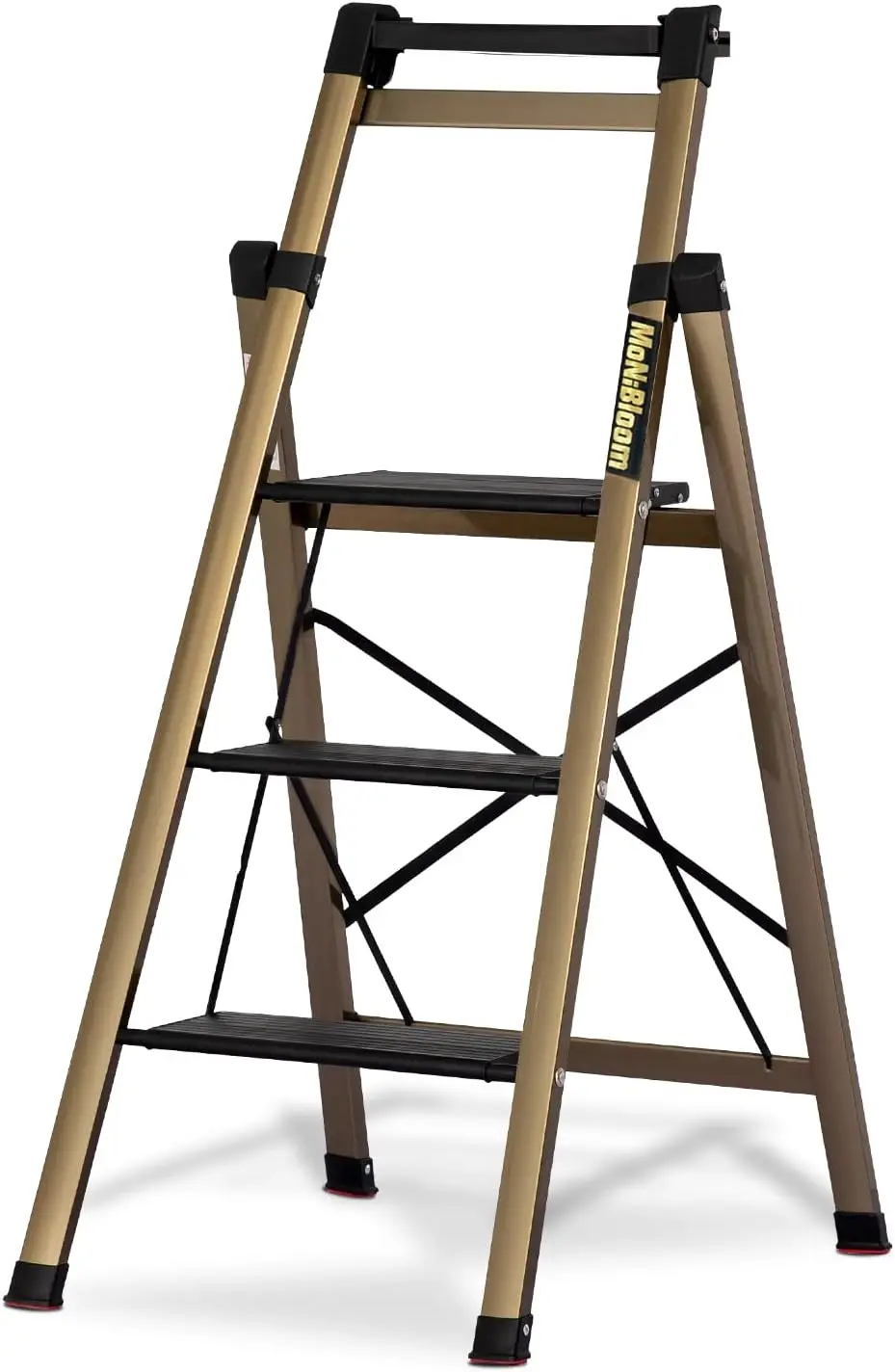

3-Step Folding Aluminum Ladder with Anti-Slip Pedal and Handgrip, 331lbs Capacity for Home Office Kitchen, Gold