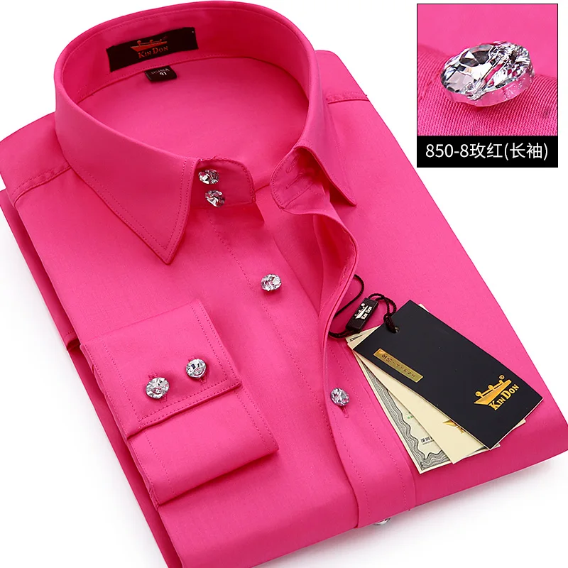 2024 New Men\'s Long Sleeve White Shirt Gentalman Business Crystal Button Undershirt Europe Luxury Macaron Color Shirts