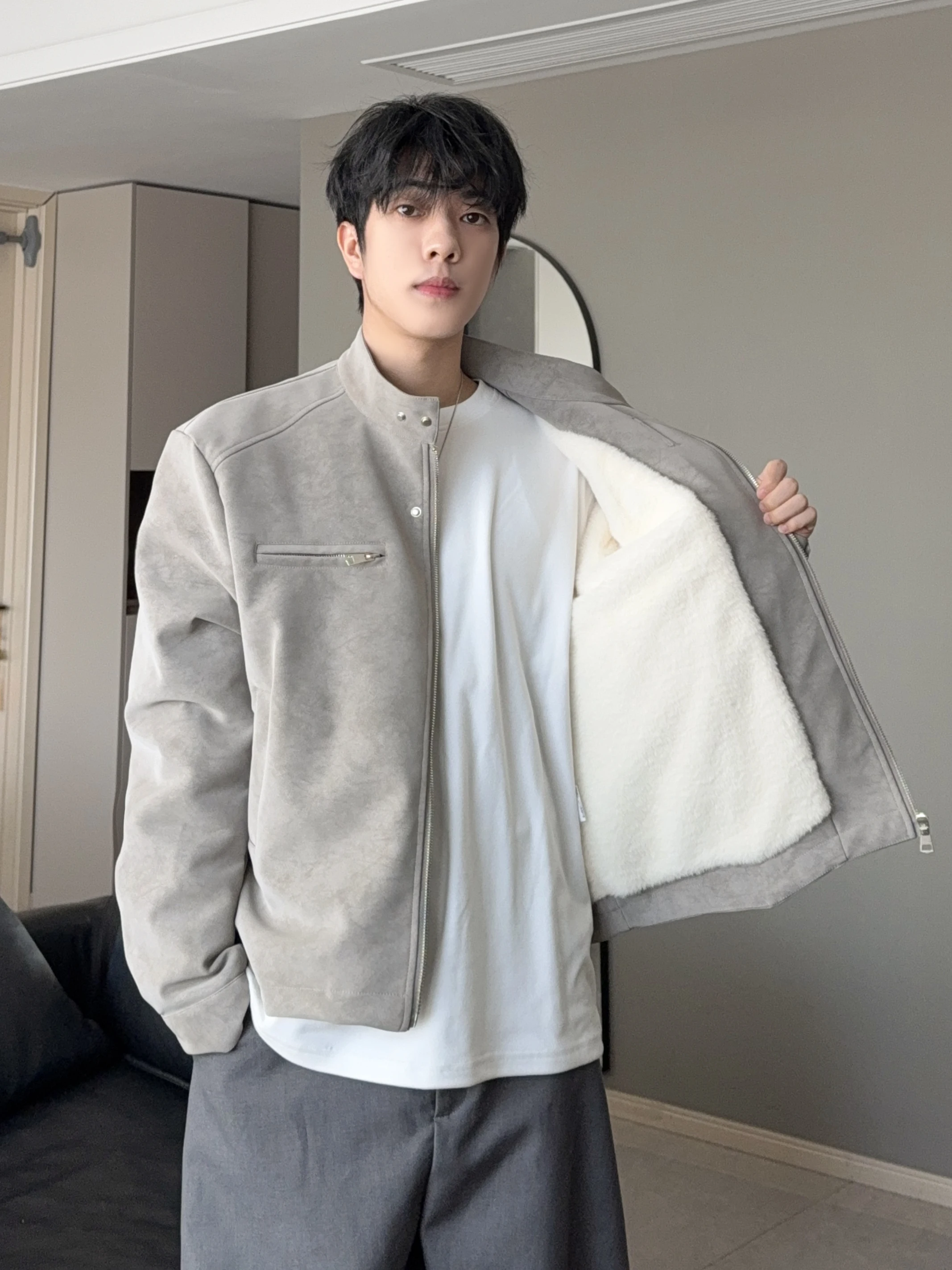 

ey Harington ort PU Leather Jaet Men's Winter Fce Lined Thi Warm Stand Collar Cotton Biker Coat Youth Faion