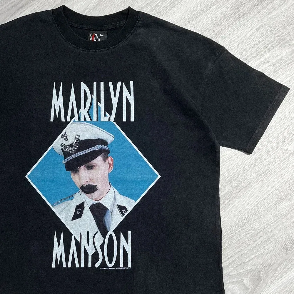 2024  Fashion Hip Hop Rock Band Punk Marilyn Manson Vintage Loose Washed Old Streetwear Tops Tee T-shirt Men Clothing