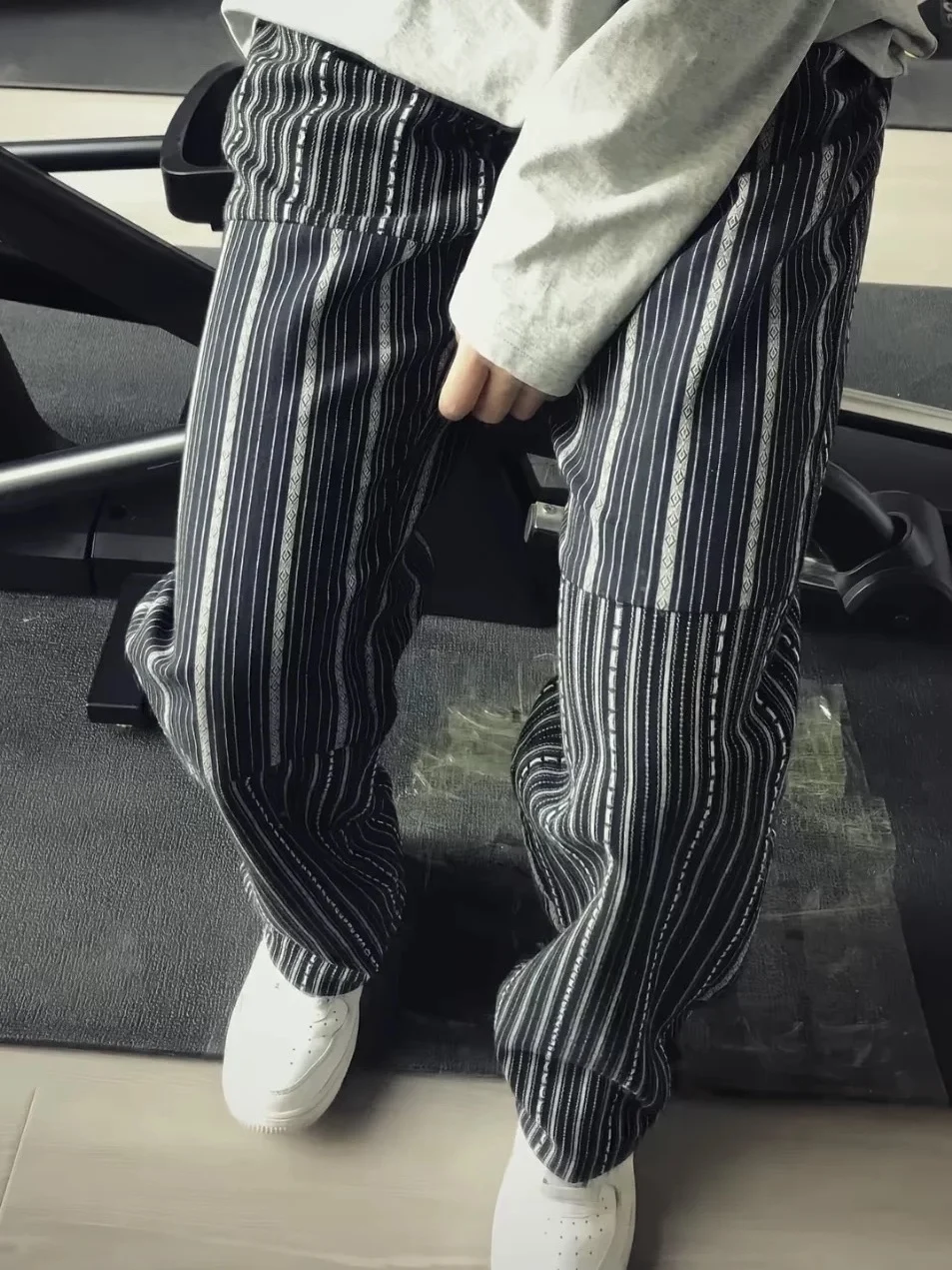 American Retro Striped Casual Straight Leg Pants Men Women Commute Regular Fit Long Trousers Asymmetrical Design