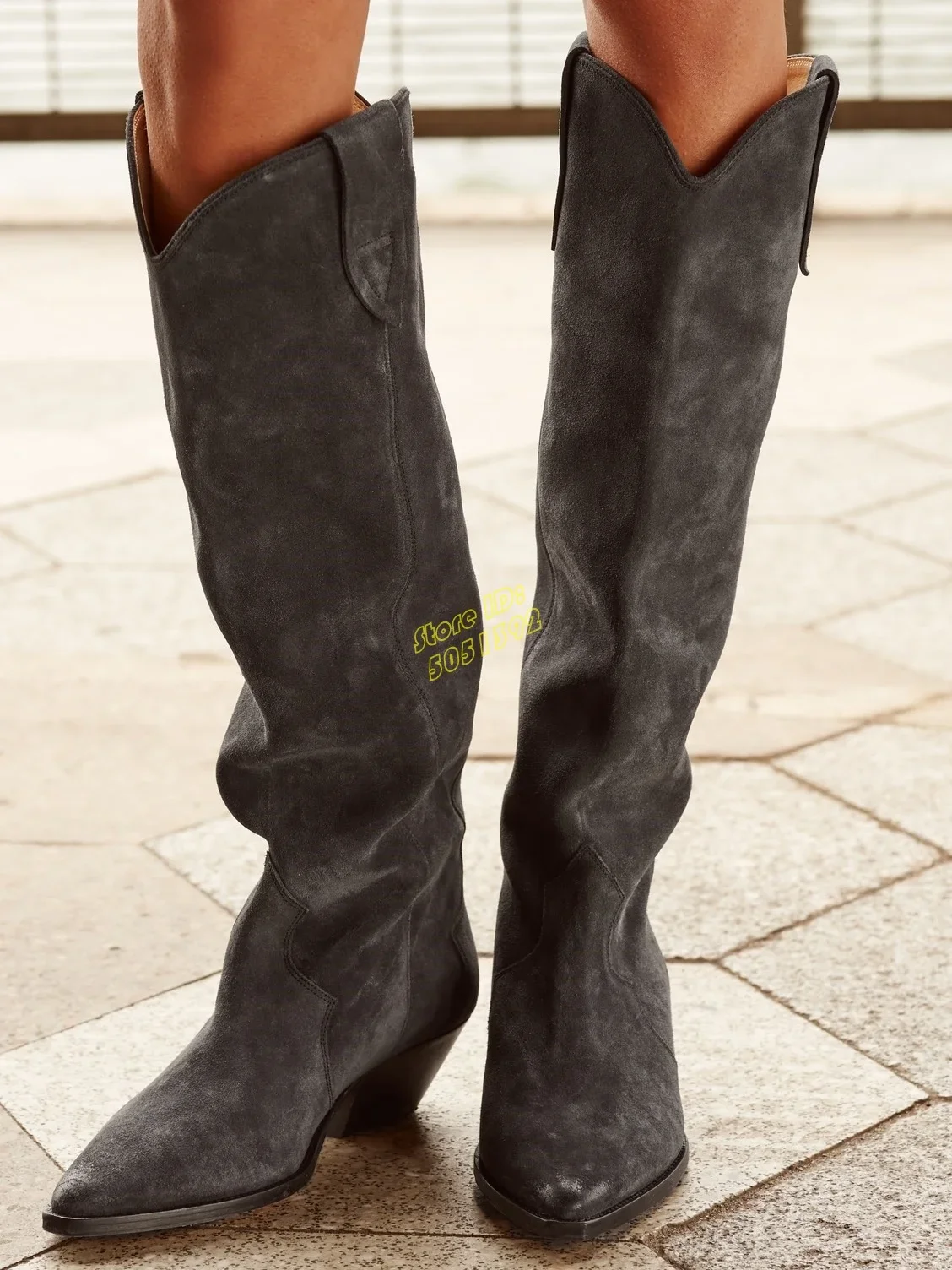 Black Suede Knee High Boots Block Heel Sexy Pointed Toe Middle Heel Handmade Western Cowboy Boots Black Leather New Arrivals