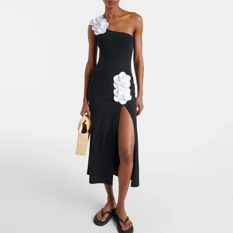 

Цельный купальник для женщин в европейском и американском стиле, с цветочным принтом на плечах, черно-белый, контрастных цветов.