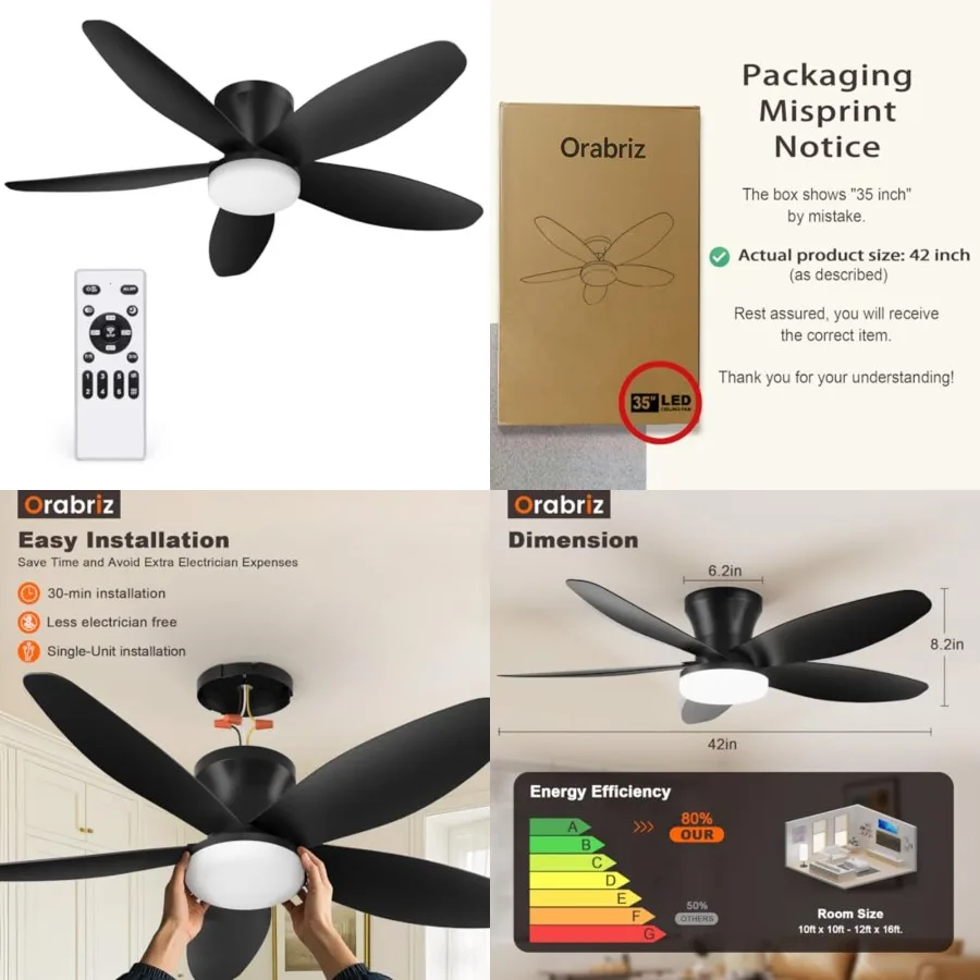 42 Inch Ceiling Fan with Lights and Remote Control, Quiet Modern Low Profile Fan Light with 6 Speeds, Dimmable LED, Reversible