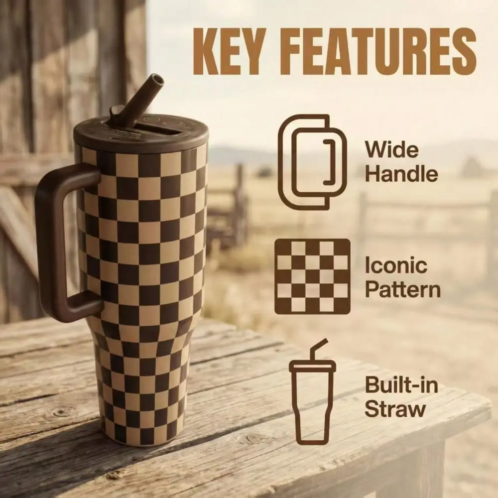 Style Your Way Tumbler Brown Checker Black White Leopard Print, DoubleWall Vacuum Insulated With Handle Straw, Insulated Water