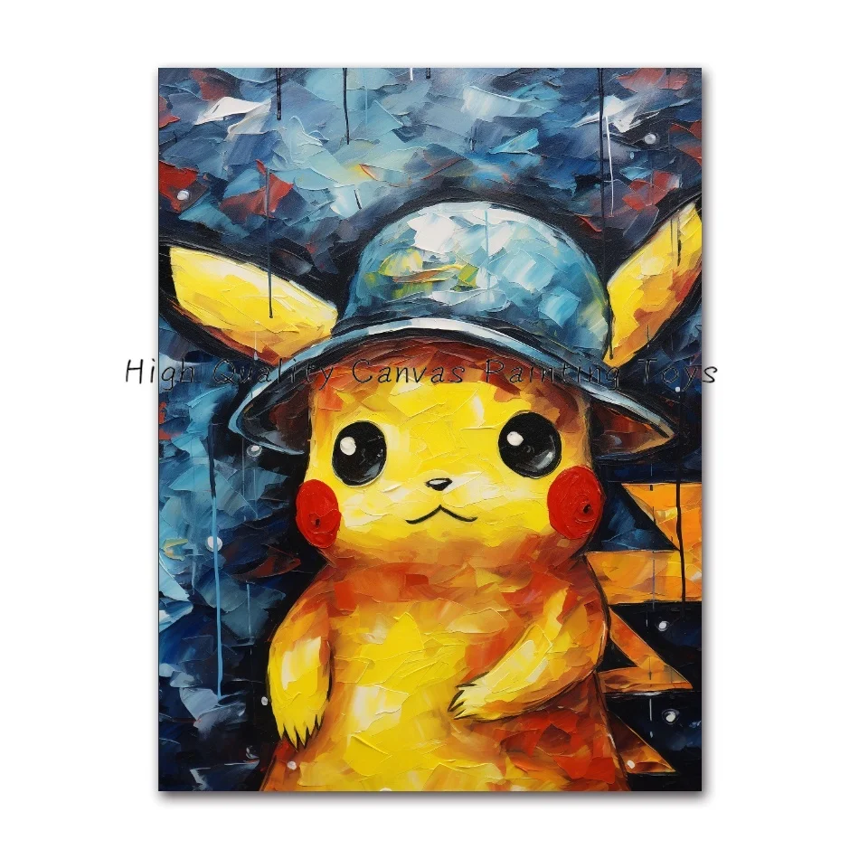 ภาพสีน้ำสไตล์โปเกมอนแวนโก๊ะรูปปั้นอะนิเมะ Pikachu โปสเตอร์ภาพวาดบุคคลผ้าใบพิมพ์ภาพศิลปะบนผนังห้องนั่งเล่น