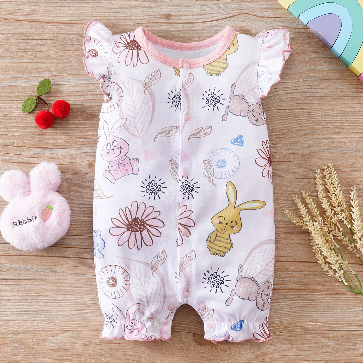 IURNXB Baby Romper Rabbit Print Infant Bodysuit Onesie for Girl\'s Clothing Newborn Cap Sleeve Snap Onesie Casual Wear 0-18M