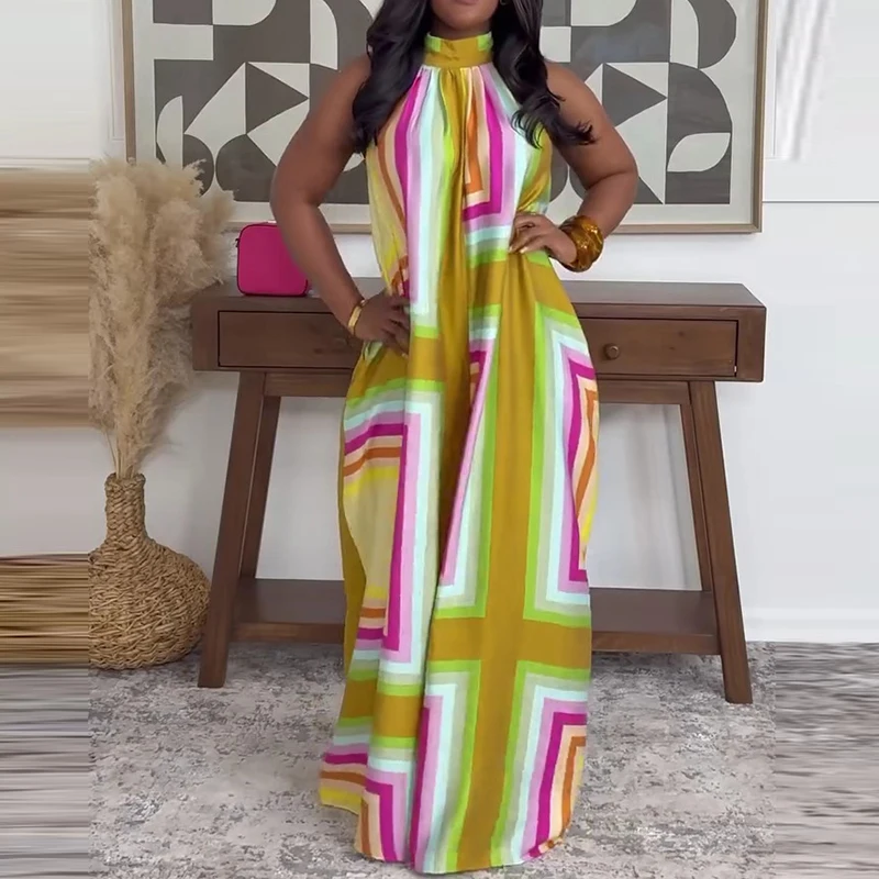 

Fashion Color Blocked Sleeveless Jumpsuits Summer O-neck Loose Wide Leg Rompers Elegant Simple Lady Commute Playsuits Overalls