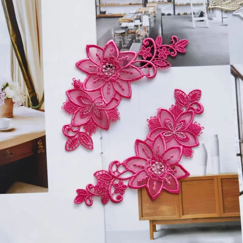 4PCS/Lot 6*13.5cm Fluorescent Rose Red Fuchsia Color Flower Sewing Motif Venise Lace Applique for Garment Embroidery Lace Patch