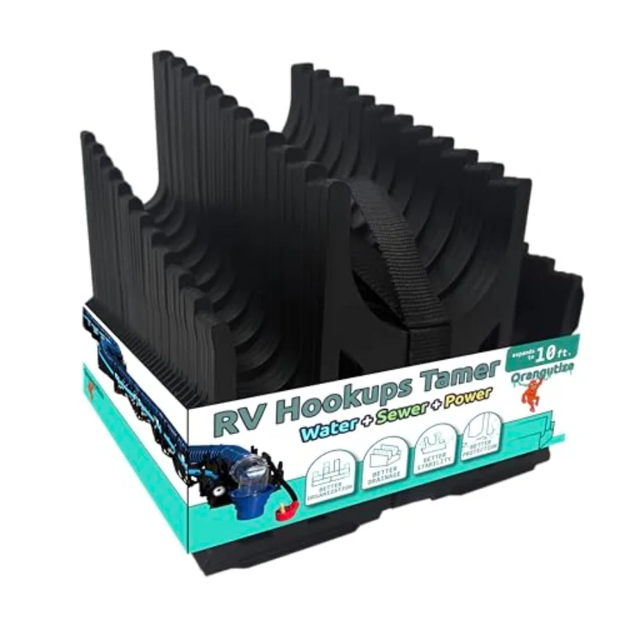 

RV Full Hookups Tamer 3-in-1 RV Sewer Hose Support plus Water Hose and Power Cord Cradles Patent Pending design for more organi