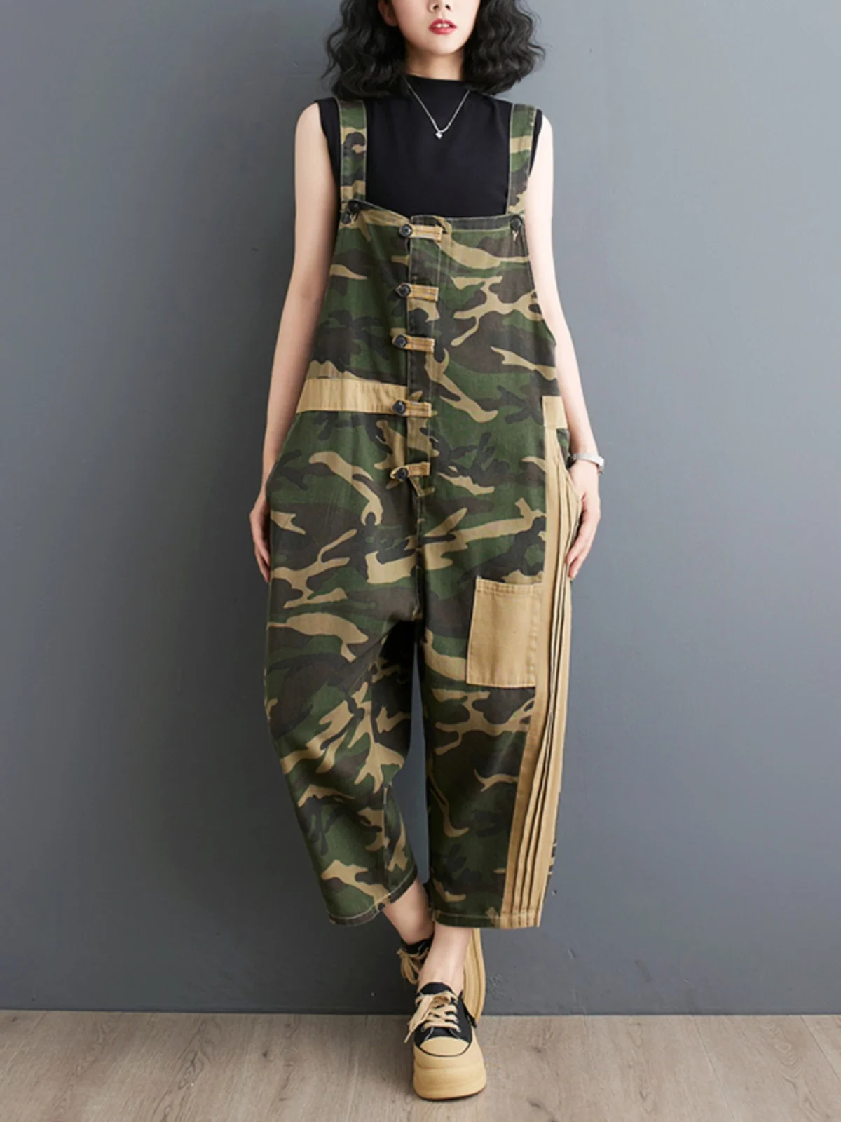 Faionable Sommer 2025, lockere Übergröße, Camouflage, Retro-Sle-Denim-Overalls, schlankmachende Harajuku-Hosen, hohe Taille, neun Stück