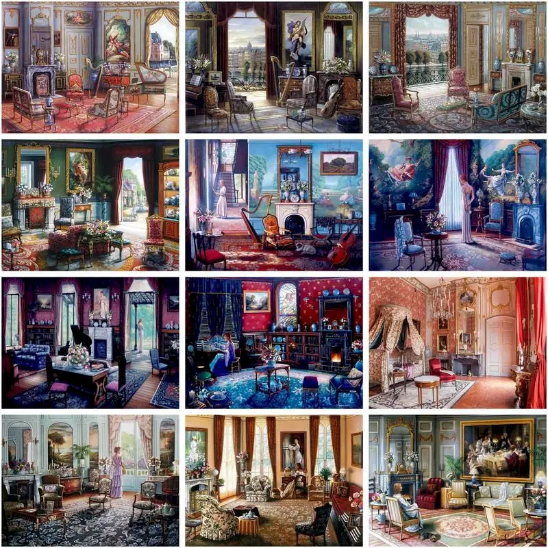 

CHENISTORY Diamond Painting Classical Interior Scenery Diamond Mosaic Cross Embroidery Kit Needlework Paintings Wall Gift Home D