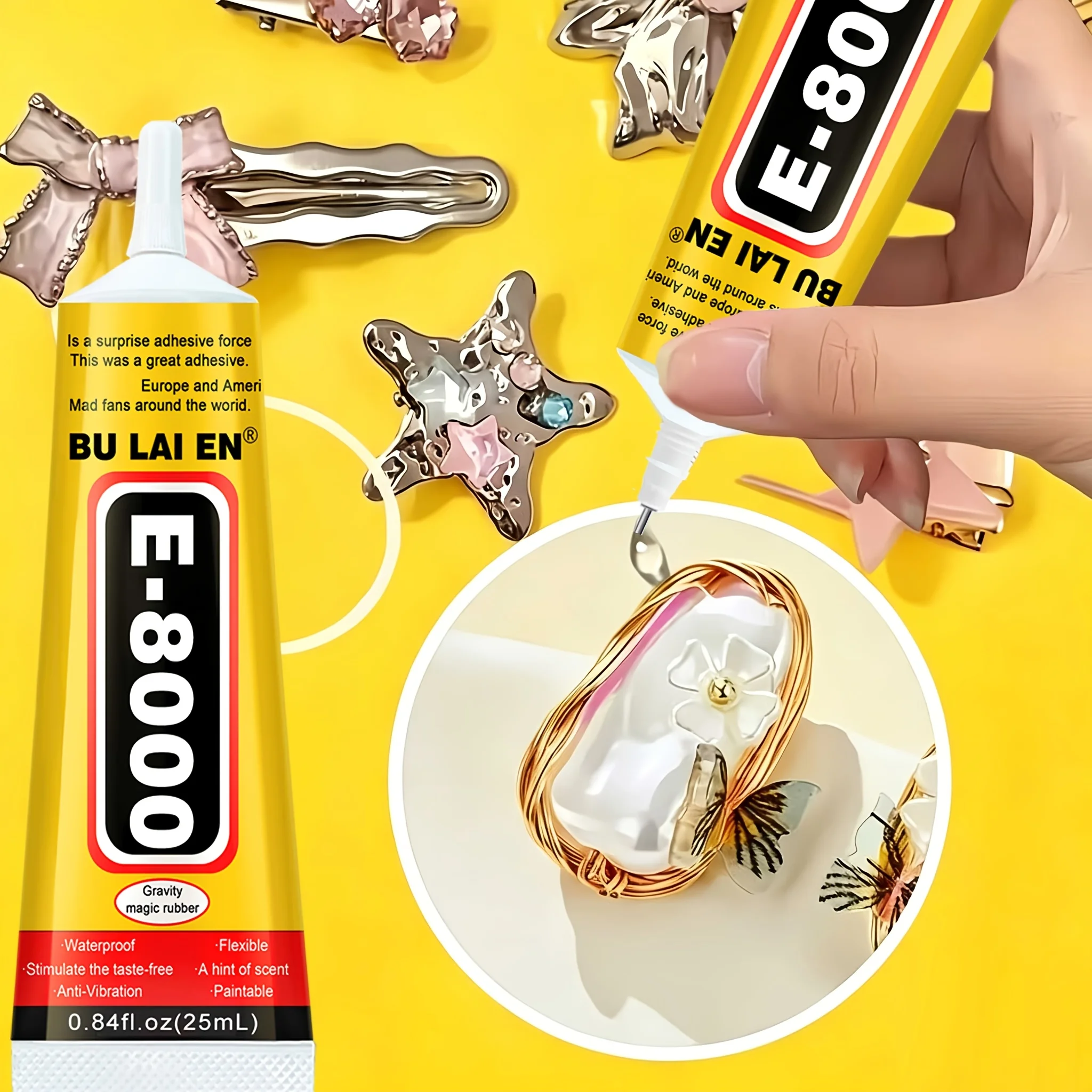 Transparent, waterproof B7000-E8000 adhesive for jewelry, mobile phones, metal, plastic, shoes, and acrylic