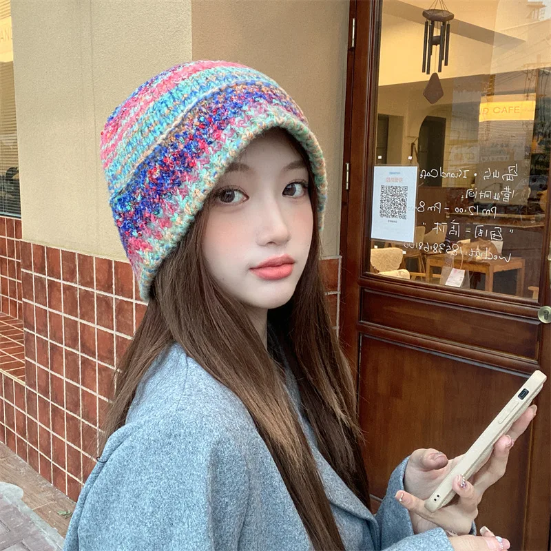 

Gradient Striped Knitted Dome Bucket Hats Female Trendy Korean Warm Panama Bob Caps Lady Basin Net Red Fashion Ins Cap Gorros