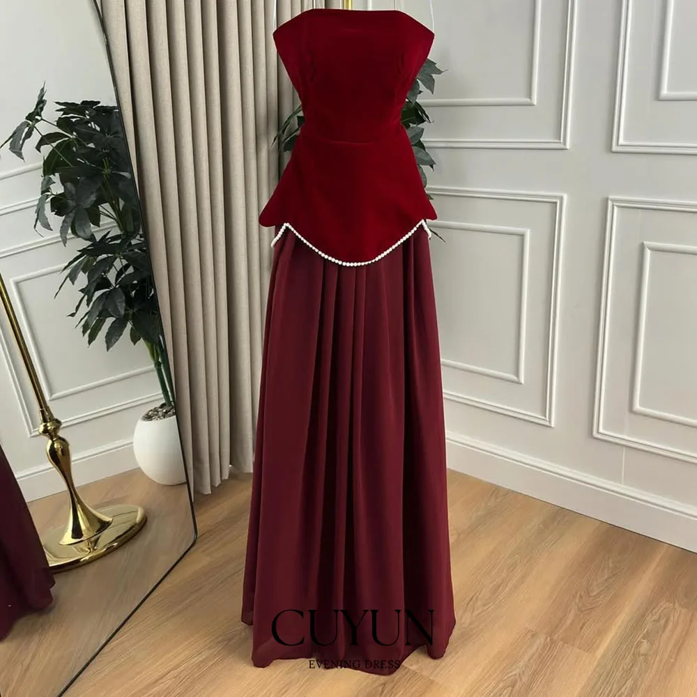 CUYUN Burgundy Long Prom Dresses Saudi Arabic Patchwork Party Gown Customized A Line Evening Dresses for Special Occasion