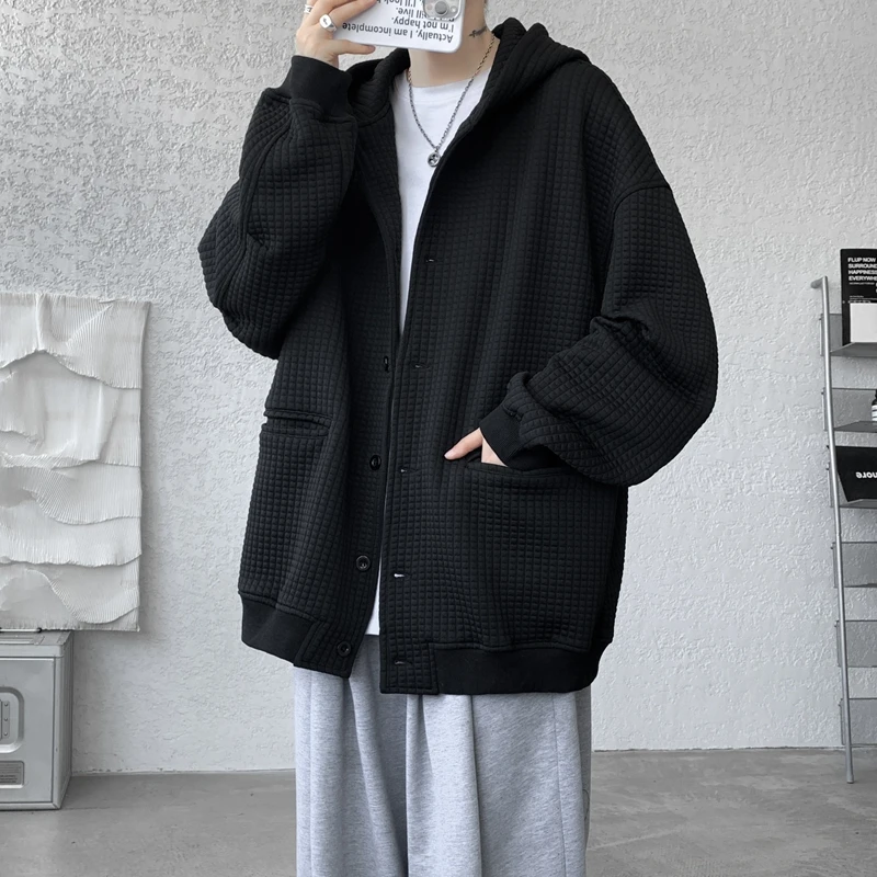 Japanese Cardigan Waffle Jacket Autumn Retro Heavyweight Large Size Jacket Loose Casual Hooded Sweater Women Men Clothing