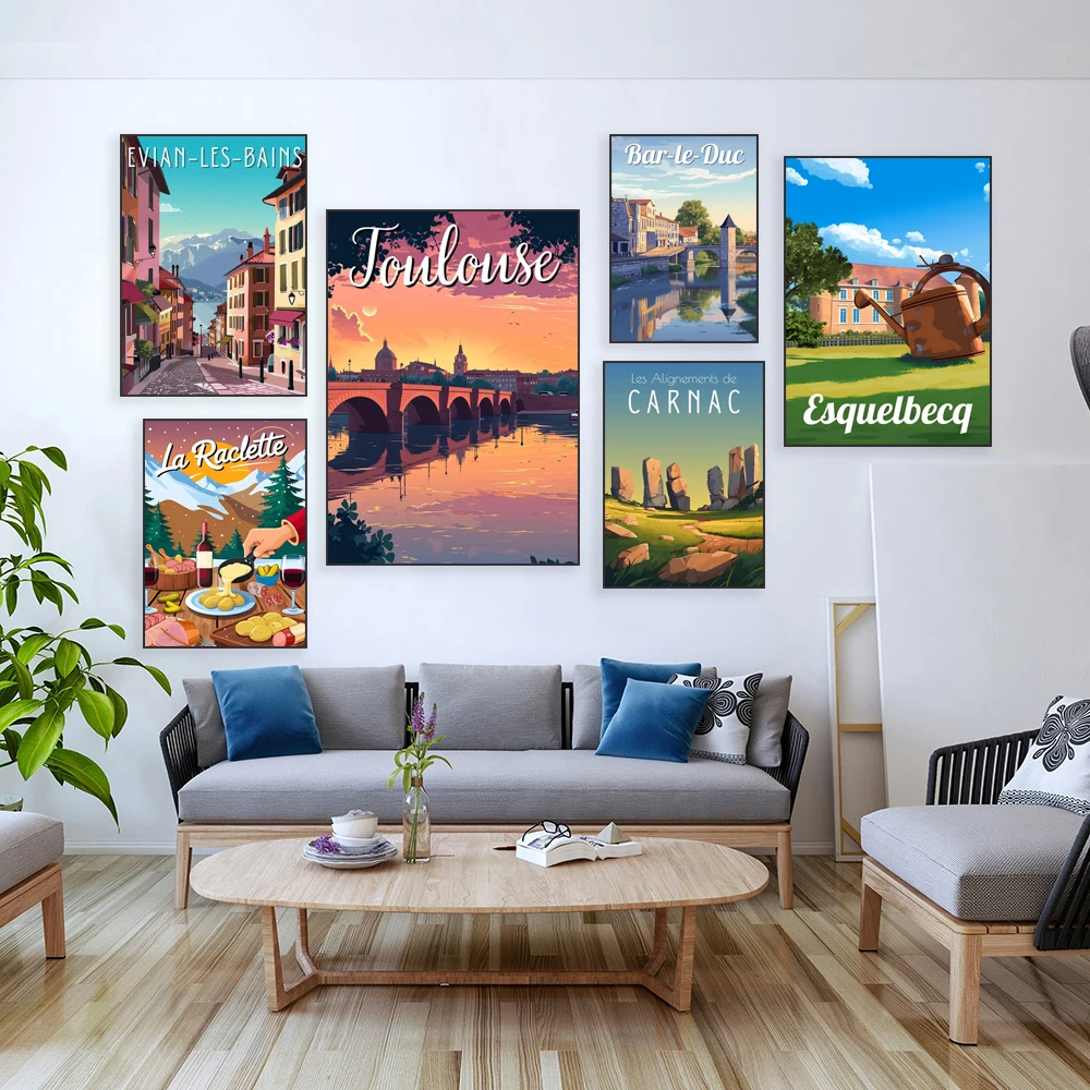 ملصقات السفر لـ La Colette، Saint Malo، La Plagne، Barreduc، Paris، Fontainebleau، Evian-les-Bains، بحيرة Serpentine، Biarritz