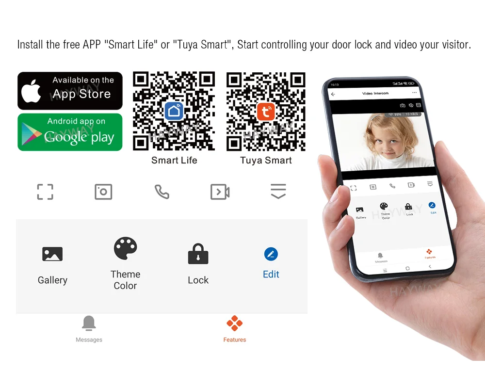 Hayway-Tuya Home Intercom, campainha sem fio WiFi, câmera para apartamento, suporte de desbloqueio de uma tecla, detecção de movimento, gravação