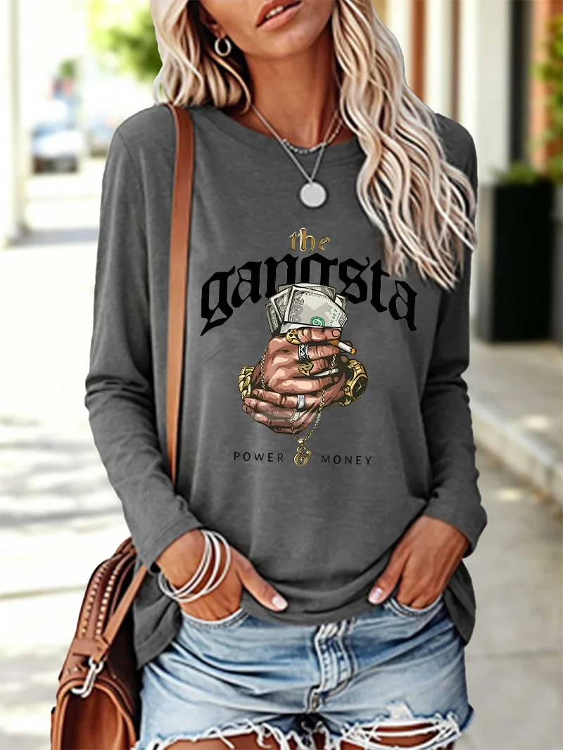 American-style Hip Hop Money Print Casual Long Sleeve T-shirt Harajuku Winter Autumn Graphic Long Sleeved Soft T Shirt Woman
