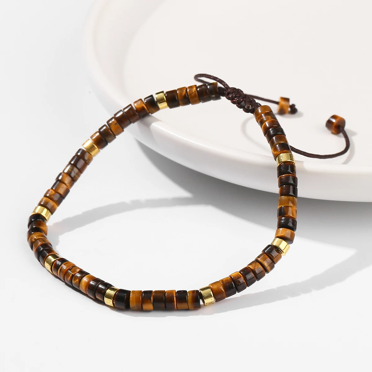 JD Natural Yellow Tiger Eye Stone Bead Woven Bracelet Polished Block Shape Adjustable Rope Lady's Gift Bracelet For Bestfriend