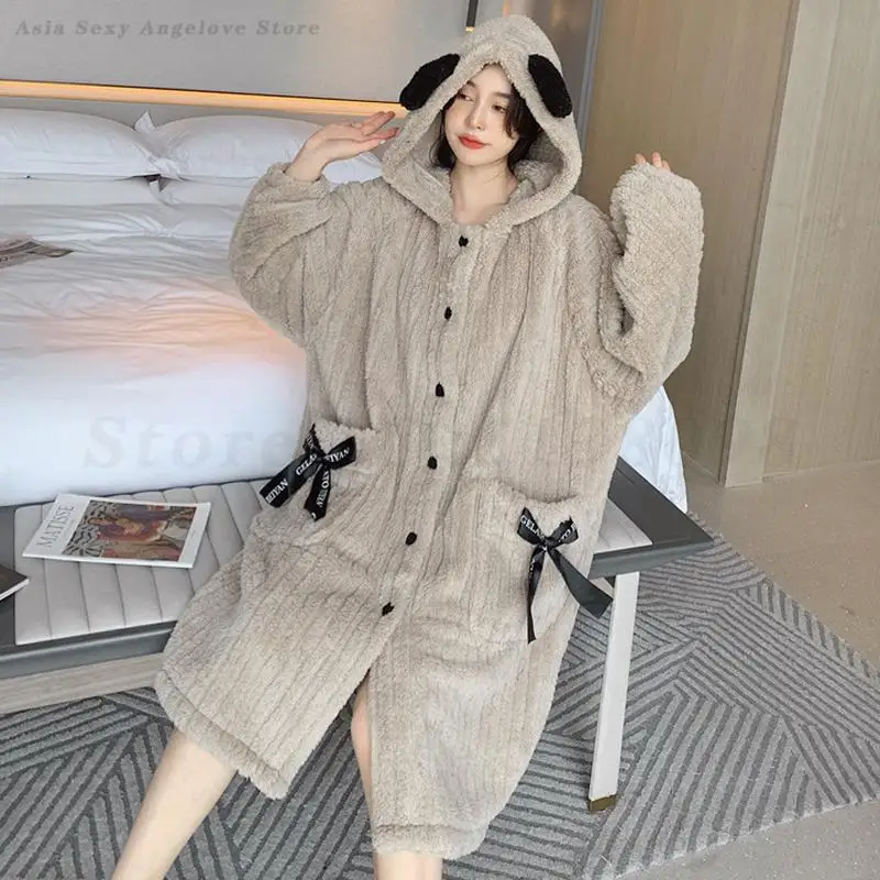 Winter Thick Coral Fleece Nightgown Sleepwear Winter Women Hooded Bath Robe Kimono Gown Loose Flannel Long Nightdress Home Wear