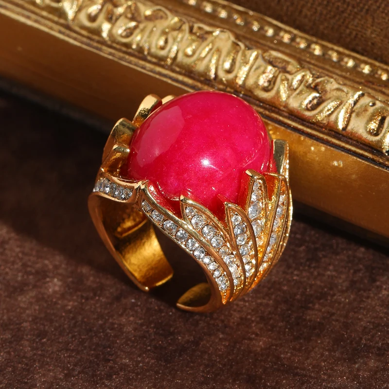

Vintage Red Ring Natural Stone Angel Wings Rhinestone Gold Color Cubic Zircon Woman Accessories Luxury Quality Jewelry 2025 New