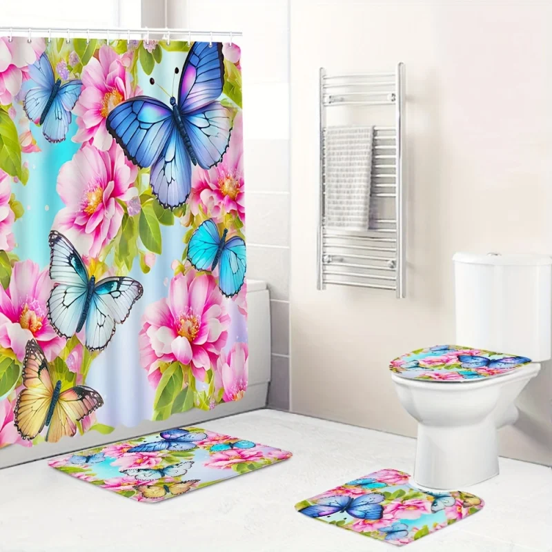 4pcs Floral Butterfly Pattern Shower Curtain Set, Waterproof Shower Curtain With 12 Hooks, Non-Slip Bath Rug, U-Shape Mat, Toi