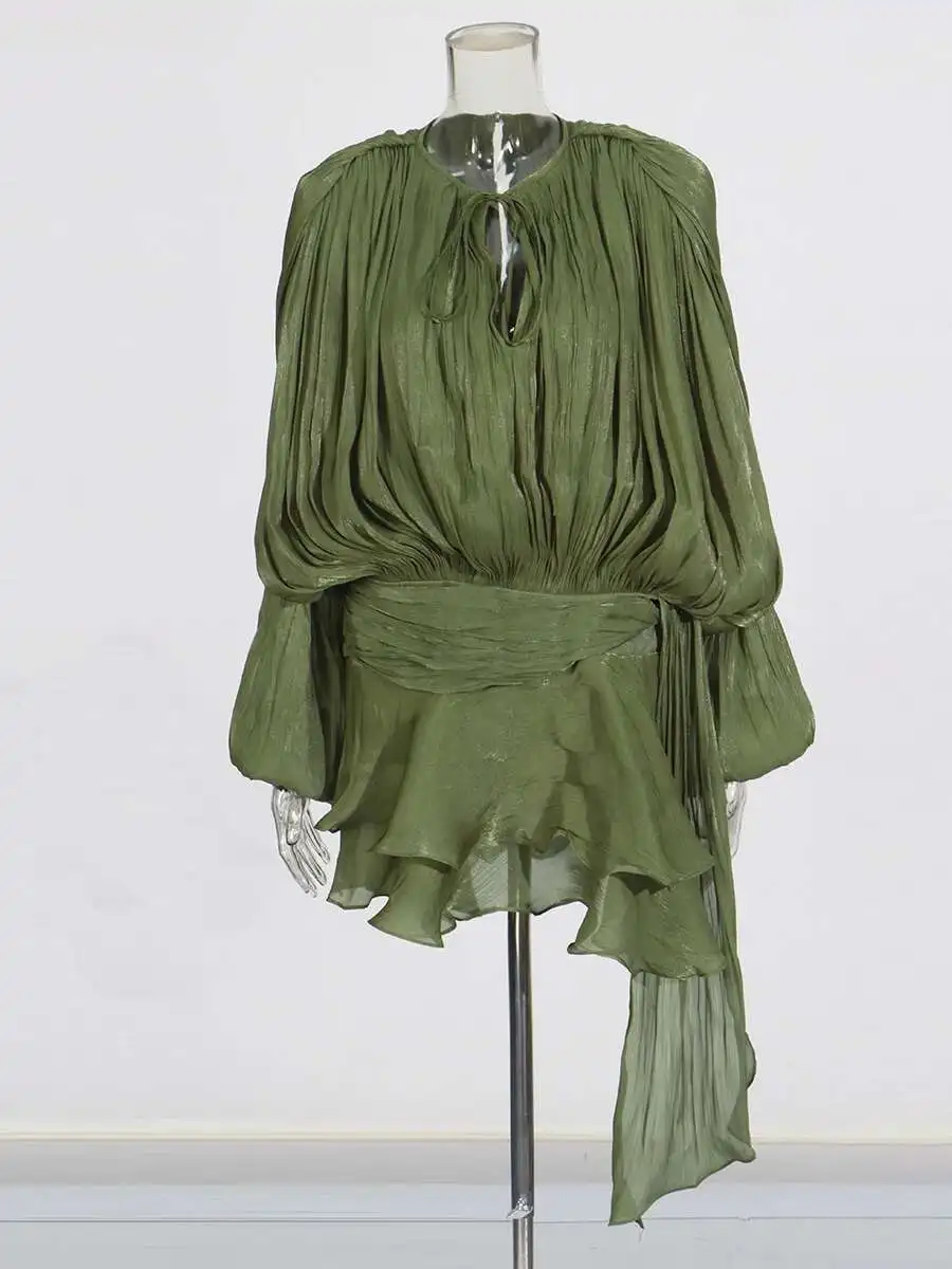 Minivestidos lisos de retazos con cordones para mujer, vestido de diseñador de cintura alta y manga larga con cuello redondo, estilo de moda femenina, malla transparente P4A