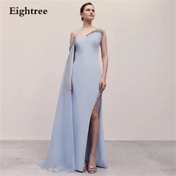 Eightree Formal Sky Blue Satin Mermaid One Shoulder Elegant Cap Sleeve Beaded Evening Dress Women's Party Gown with High Slit