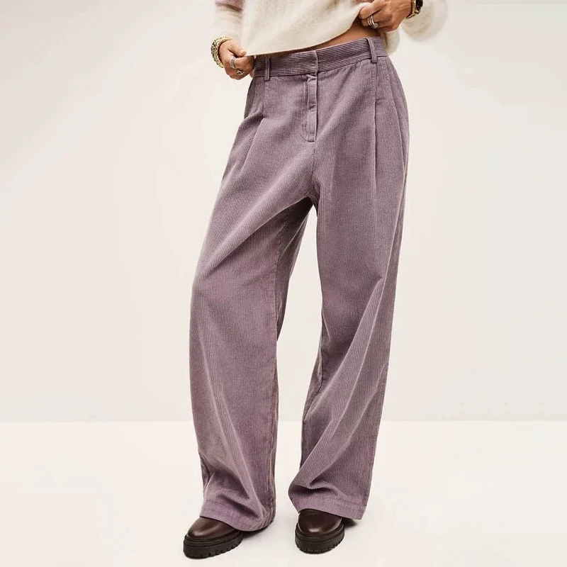 

Retro High Waist Wide Leg Pants Women's Loose Fit Long Straight Corduroy Trousers Purple Lav Autumn Winter Faion