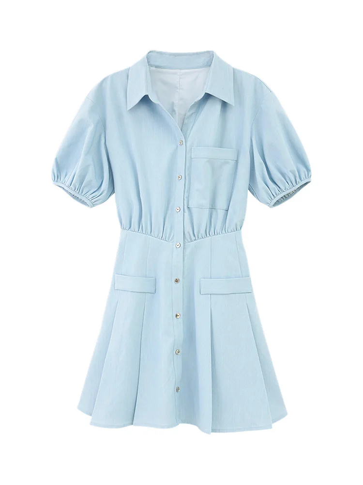 Pleated Shirt Dress Women Puff Sleeve Button Down Mini Dress Lapel Collar High Waist Short Skirt Outfit Summer Casual Daily Look