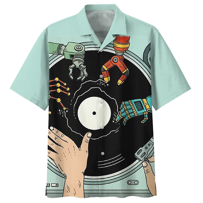 DJ Records Pattern Hawaiian Shirt Men Summer Party 3d Printed Short Sleeves Casual Fashion Tops Oversized Lapel Button Blouse