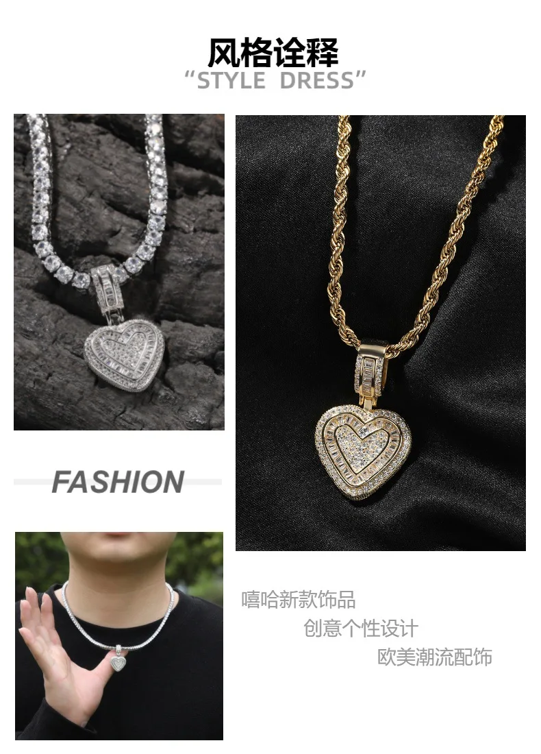 Classic Heart Inside Shape Bling Bing Iced Out Pendant Necklace Rock Rapper Fashion Hip Hop Jewelry BP297