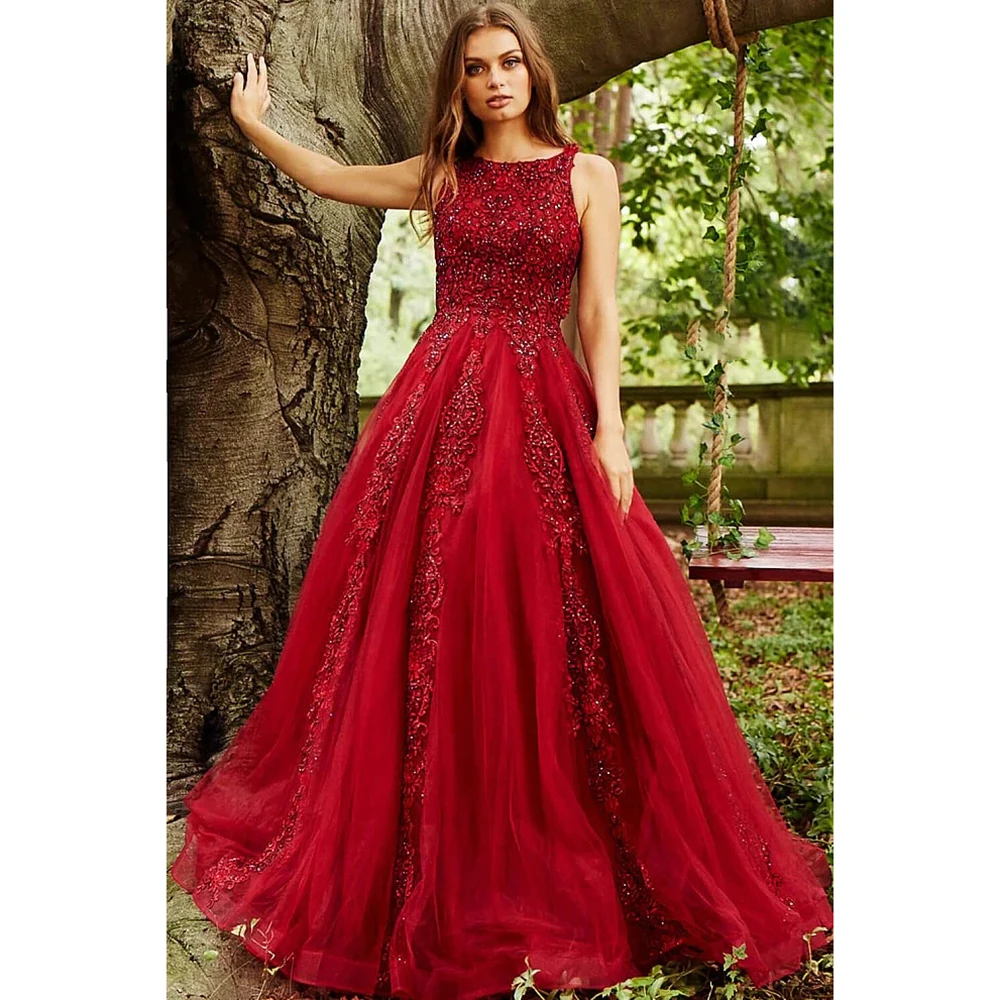 Red Wedding Dress Luxury Appliques Beaded Sleeveless O-Neck Floor Length A-Line Sweep Train Formal Occasion Elegant Bridal Gown