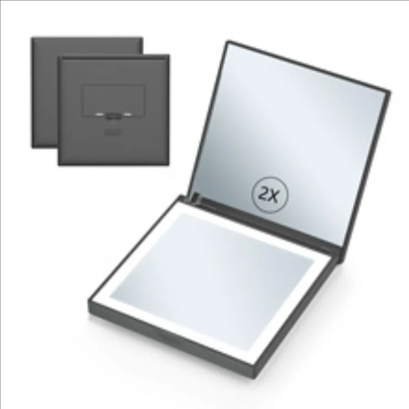 Portable Square Folding LED Makeup Mirror2Sided1x/2xMagnificationBattery Powered Vanity MirrorwithEdgeLightGiftLogoCustomization