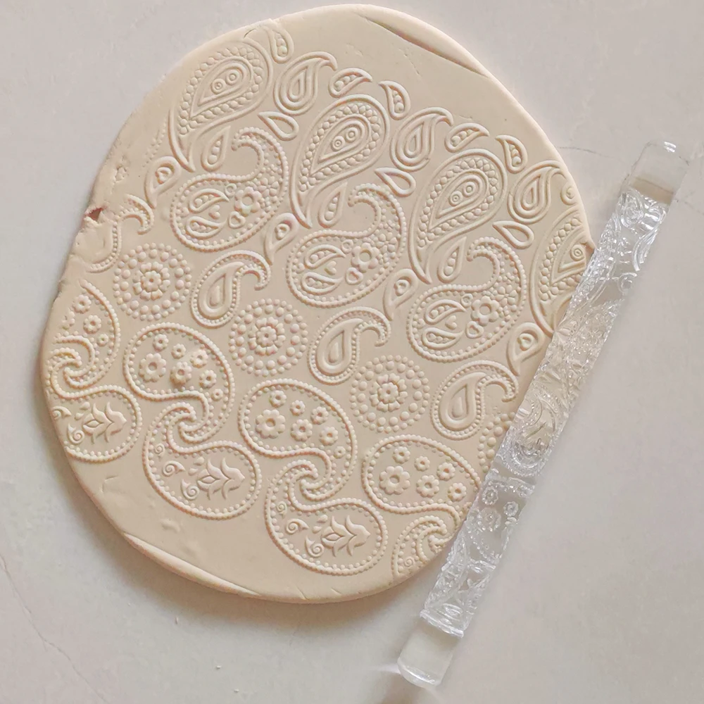 Kitchen Accesories Pie Crusts Pastry Dough Gumpaste Sugar Cookies 3D Mini Embossing Rolling Pin Clay Tools With Paisley Pattern