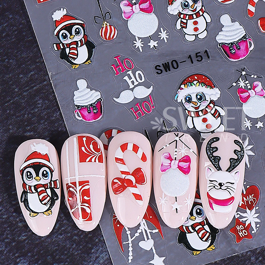 2 pezzi adesivi per unghie di Natale simpatico pinguino alce fiocco di neve agrifoglio regalo adesivo in rilievo decalcomanie per unghie decorazione manicure fai da te cursori