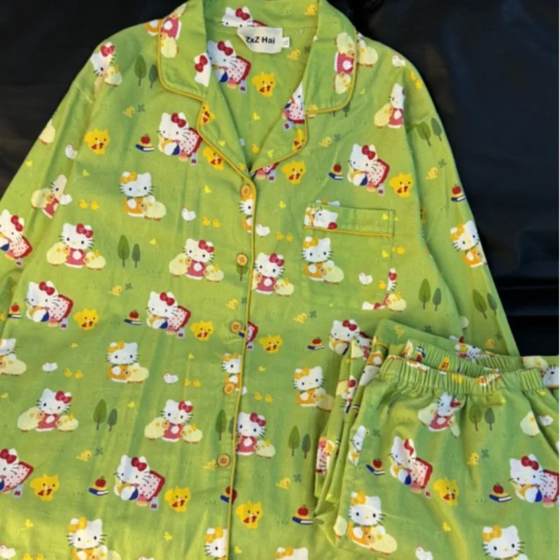 Sanrio Cute Autumn and Winter Pure Cotton Brushed Green Grassland Hellokitty Long-sleeved Pajamas Can Be Worn As Home Clothes