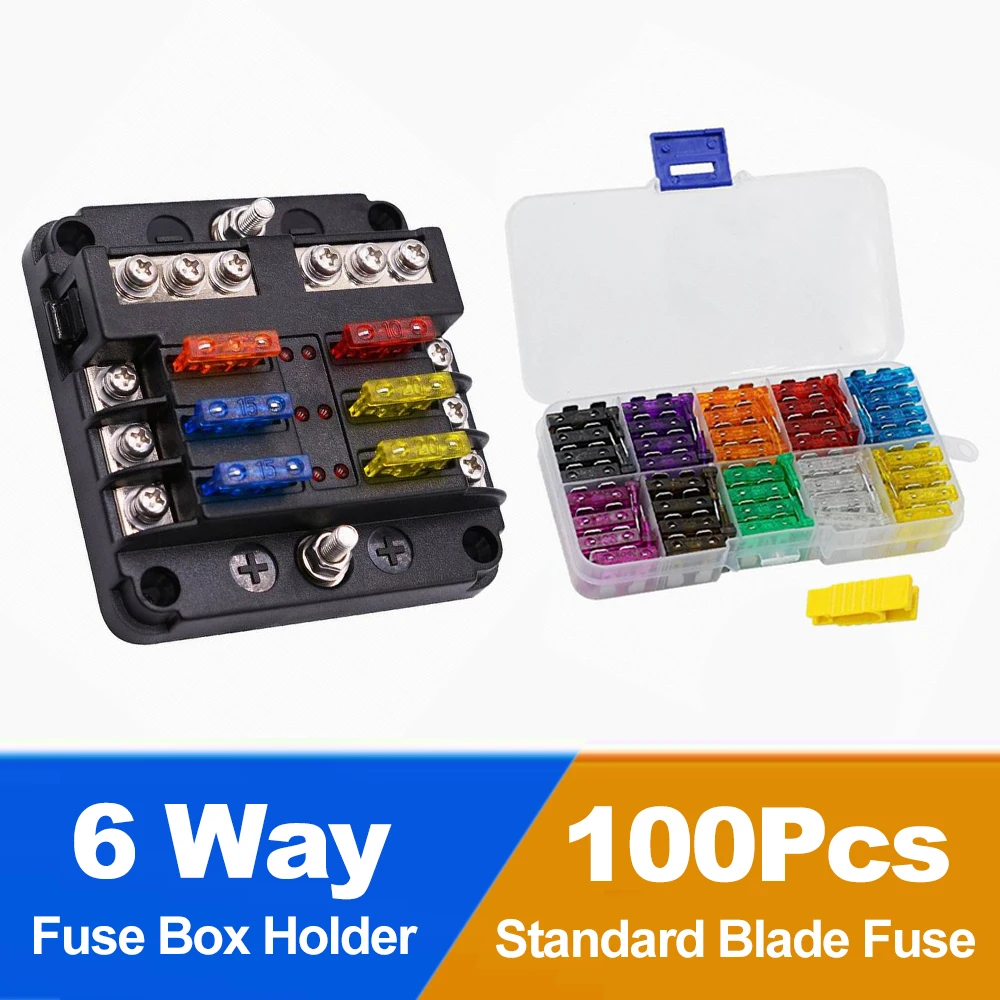 6 Ways Car Boat Fuse Box Holder With 12 Ways Blade Fuse Holder Block & Warning Indicator 12V 36V Power Distribution Panel Board