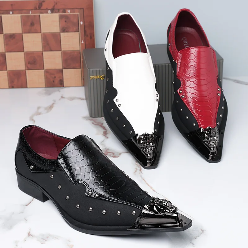 

Mixed Color Genuine leather Splicing Male Loafers Rivet Decor Metal Pointed Toe Chunky Heel Derby Shoes Men's Formal Dress Shoes
