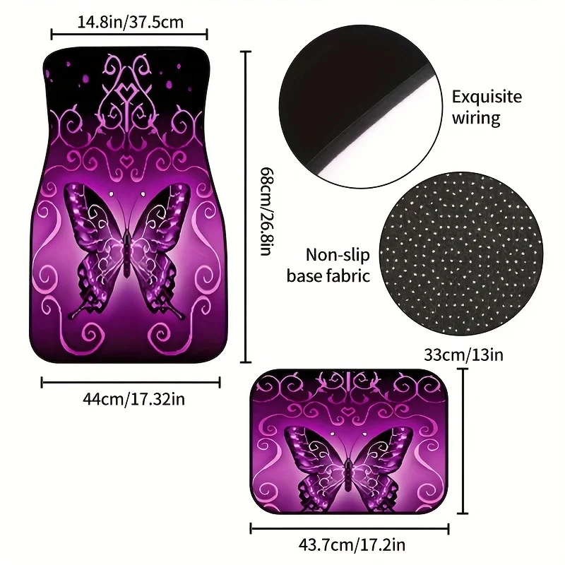 Purple Large Butterfly Car Floor Mats, 4pcs Set, Unique Single Butterfly With Curly Pattern, Covers Front And Rear Areas, Practi