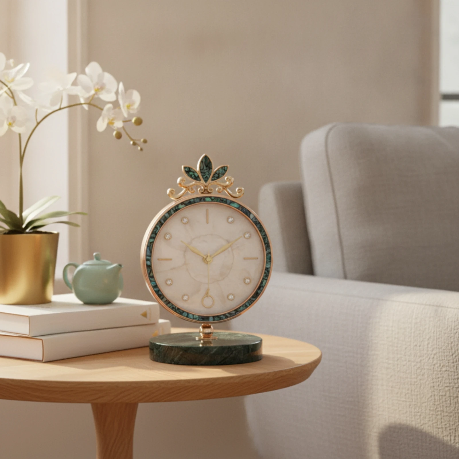 Clock with Marble Base Pearly Decorative Mantel Clock Classic Timeless for Living Room, Office