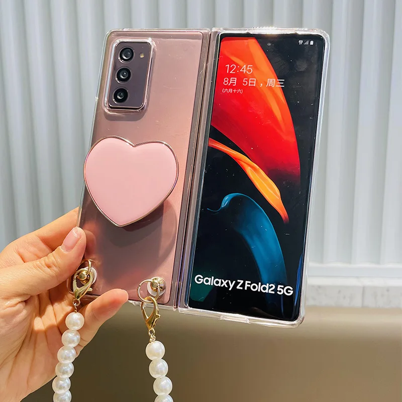 

Fashion Pearl Bracelet Hand Chain Love Heart Stand Holder Phone Case For Samsung Galaxy Z Fold 6 5 4 3 2 5G Shockproof Cover