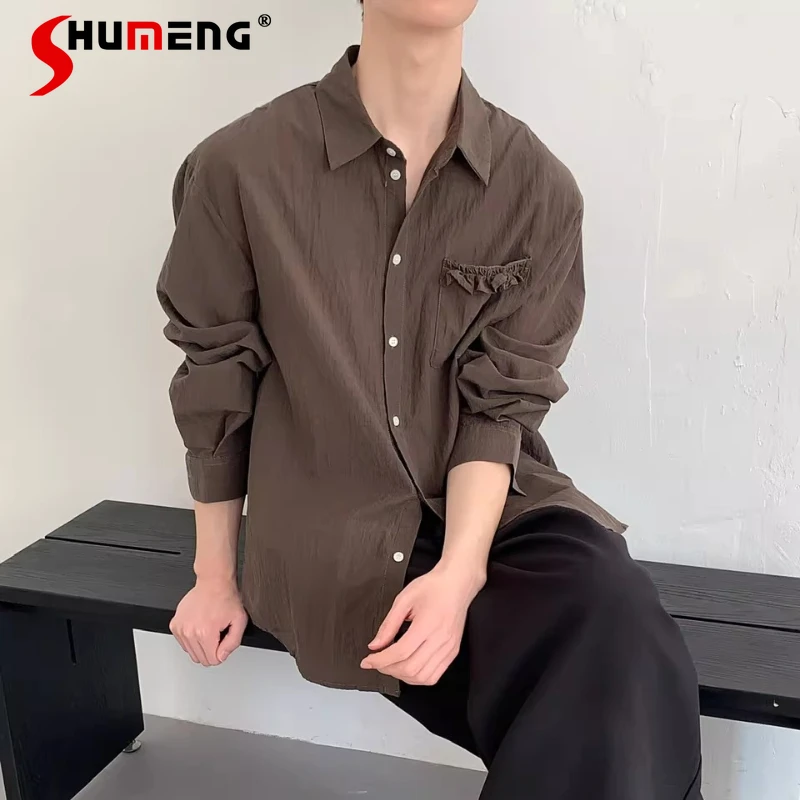 

2026 Men's Spring New High-end Shirts Stylish Simple Pocket Decoration Solid Color Long Sleeve Shirts Male Handsome Comfort Tops