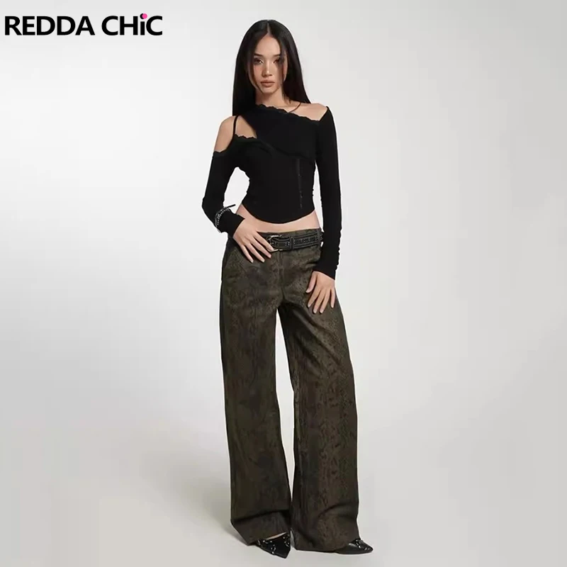 

Женская Асимметричная футболка REDDACHiC с вырезами в стиле ретро, черная футболка с вырезами на плечах и длинными рукавами, уличная одежда Y2k