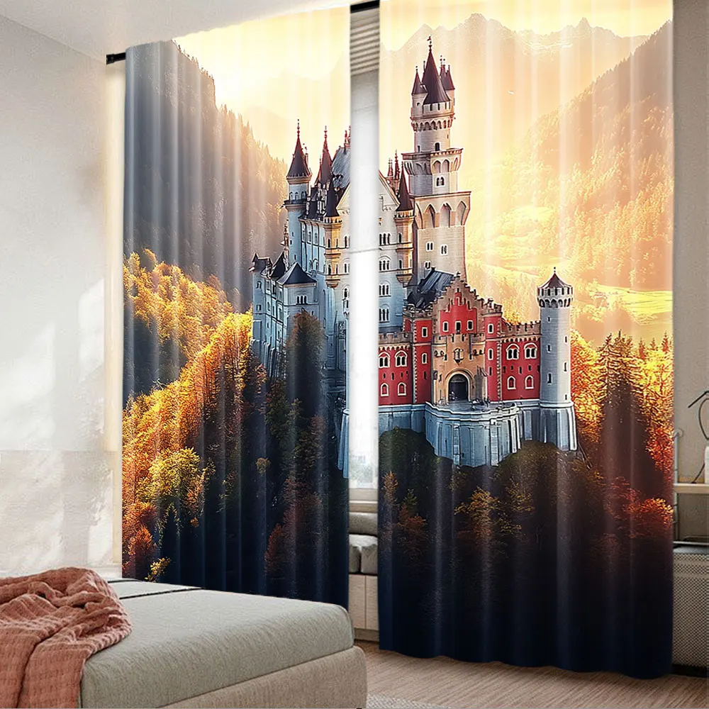 

2Pcs Castle Curtain Sunset Fall Scenery Landmark Art Wall Hanging Teen Adults Living Room Bedroom Dorm Decor Curtain